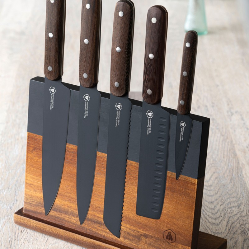 Laguiole Køkkenknive, sort/Wenge, 5 knive med magnetisk knivblok