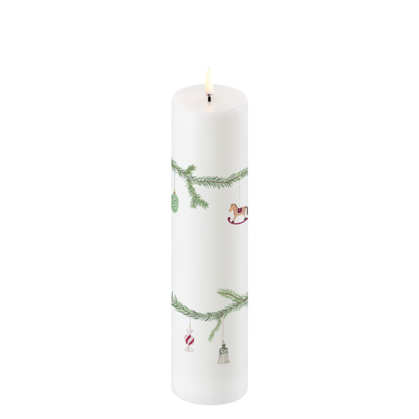 LED bloklys Christmas candle 01, hvid med gran