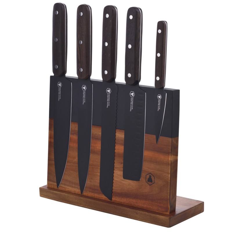 Laguiole Køkkenknive, sort/Wenge, 5 knive med magnetisk knivblok