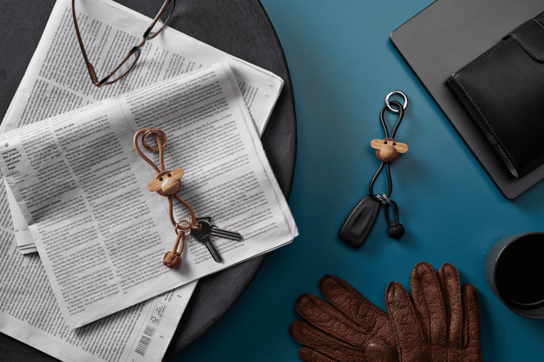 Kay Bojesen Abe sølv nøglering med sort læder teak/limba