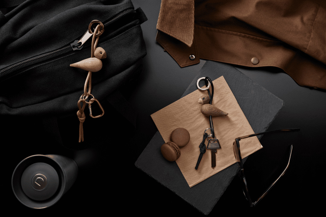 Kay Bojesen Fugl guld nøglering med naturlæder eg