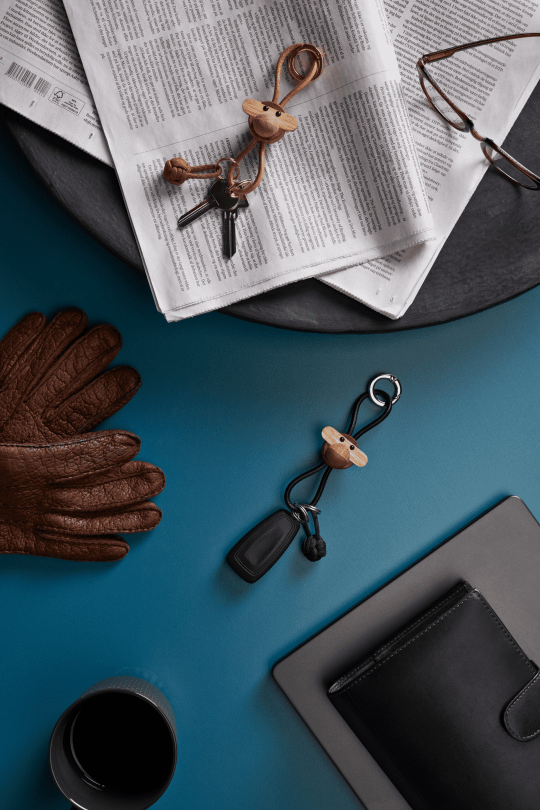 Kay Bojesen Abe guld nøglering med naturlæder teak/limba