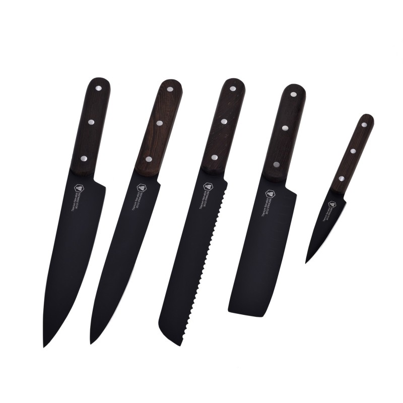 Laguiole Køkkenknive, sort/Wenge, 5 knive med magnetisk knivblok