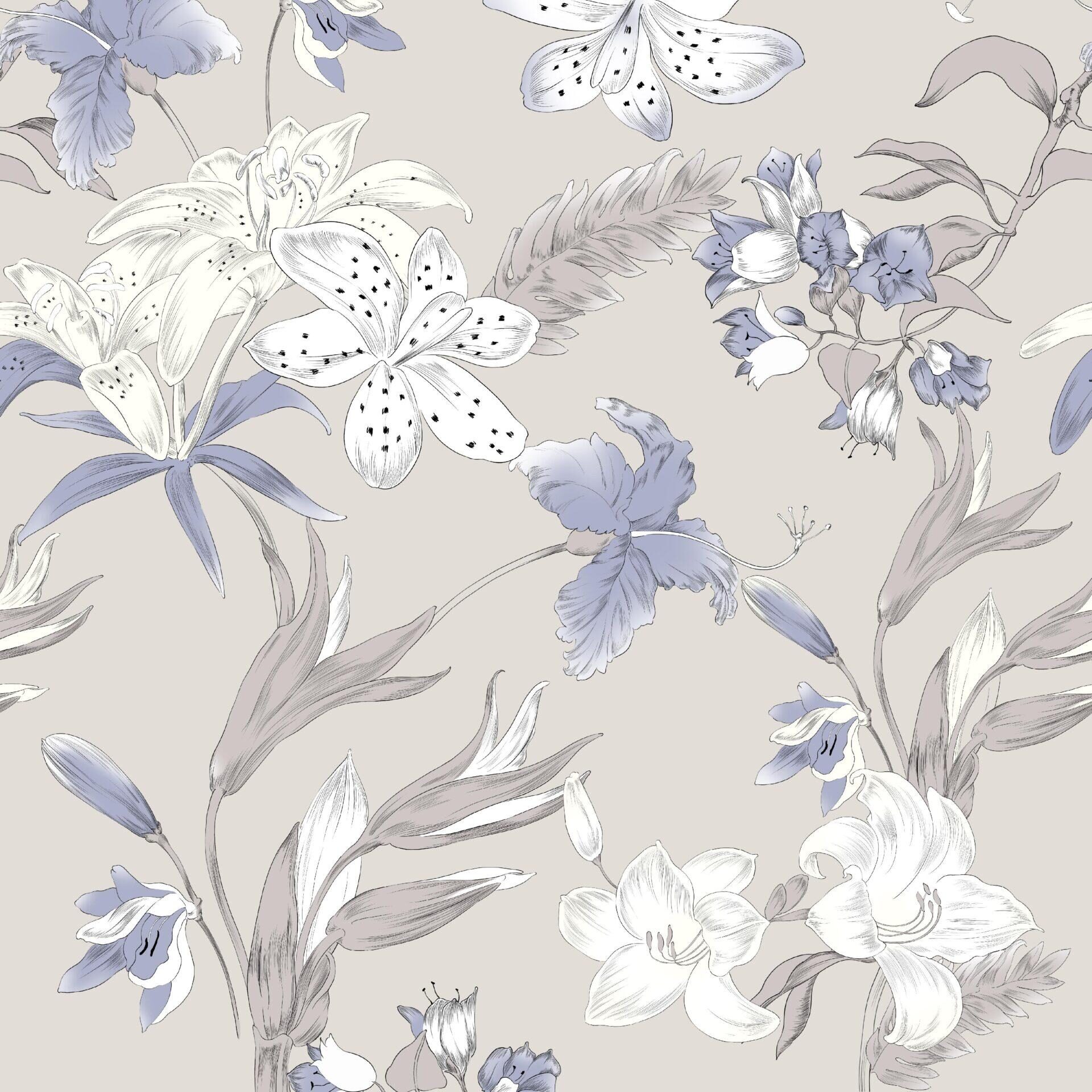 Akryldug med antislip - Blå blomster - i metermål