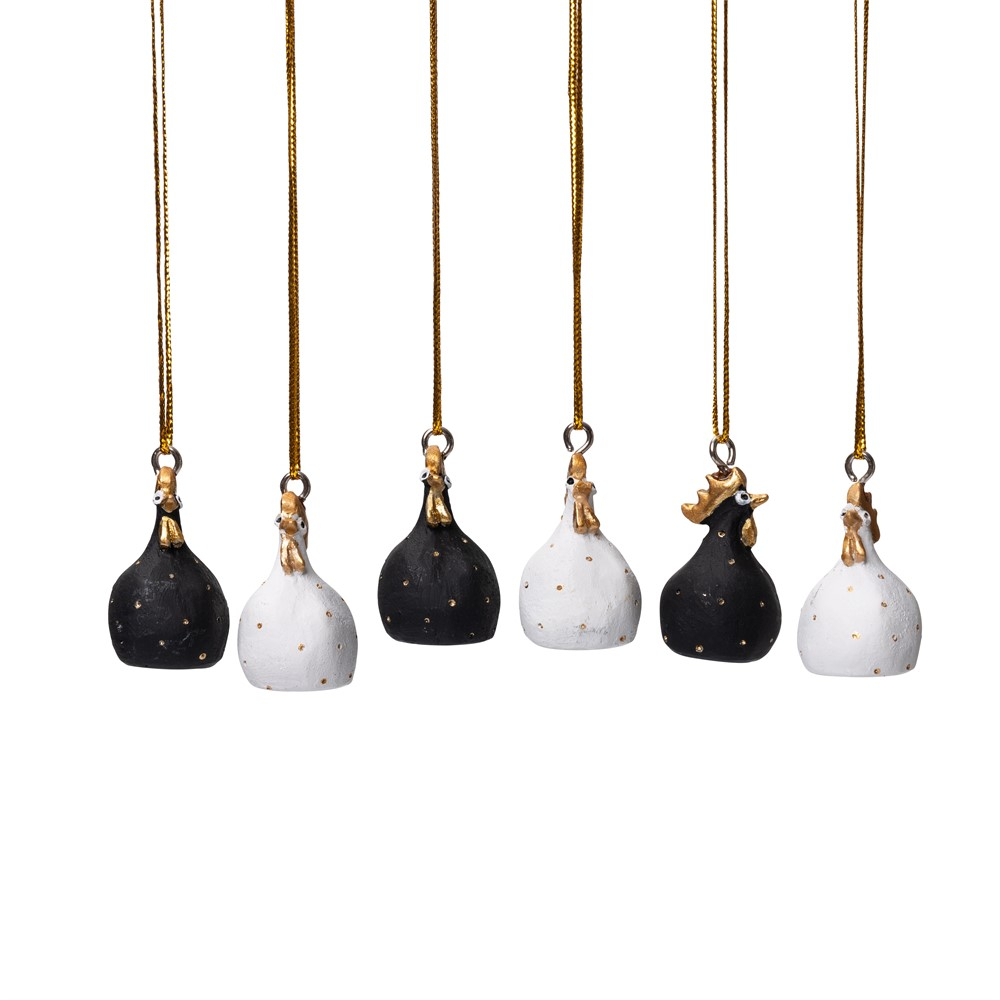 Hængende Høns 6stk mix, white/gold, black/gold H4cm*