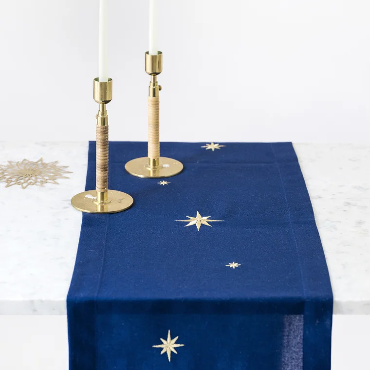 Langkilde & Søn Blå bordløber med guldstjerner, 30x175cm