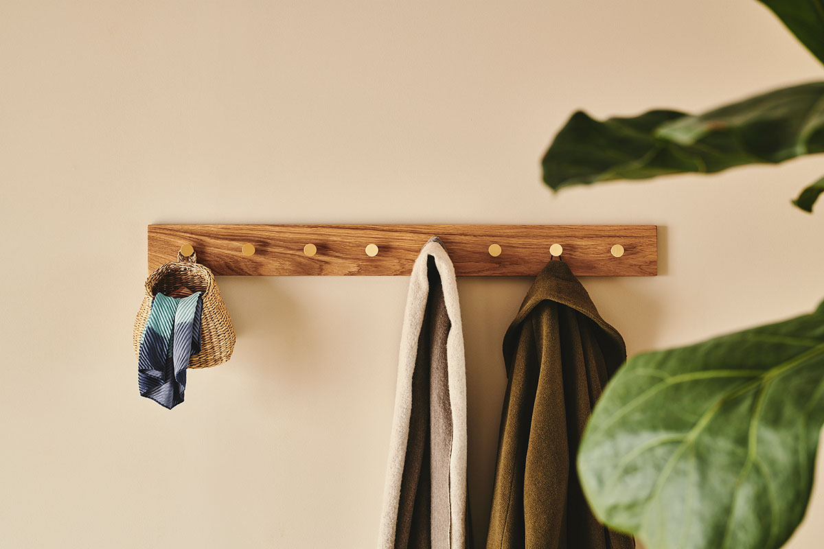 OAK Knagerække Egetræ Med Messing Knager - 100 cm